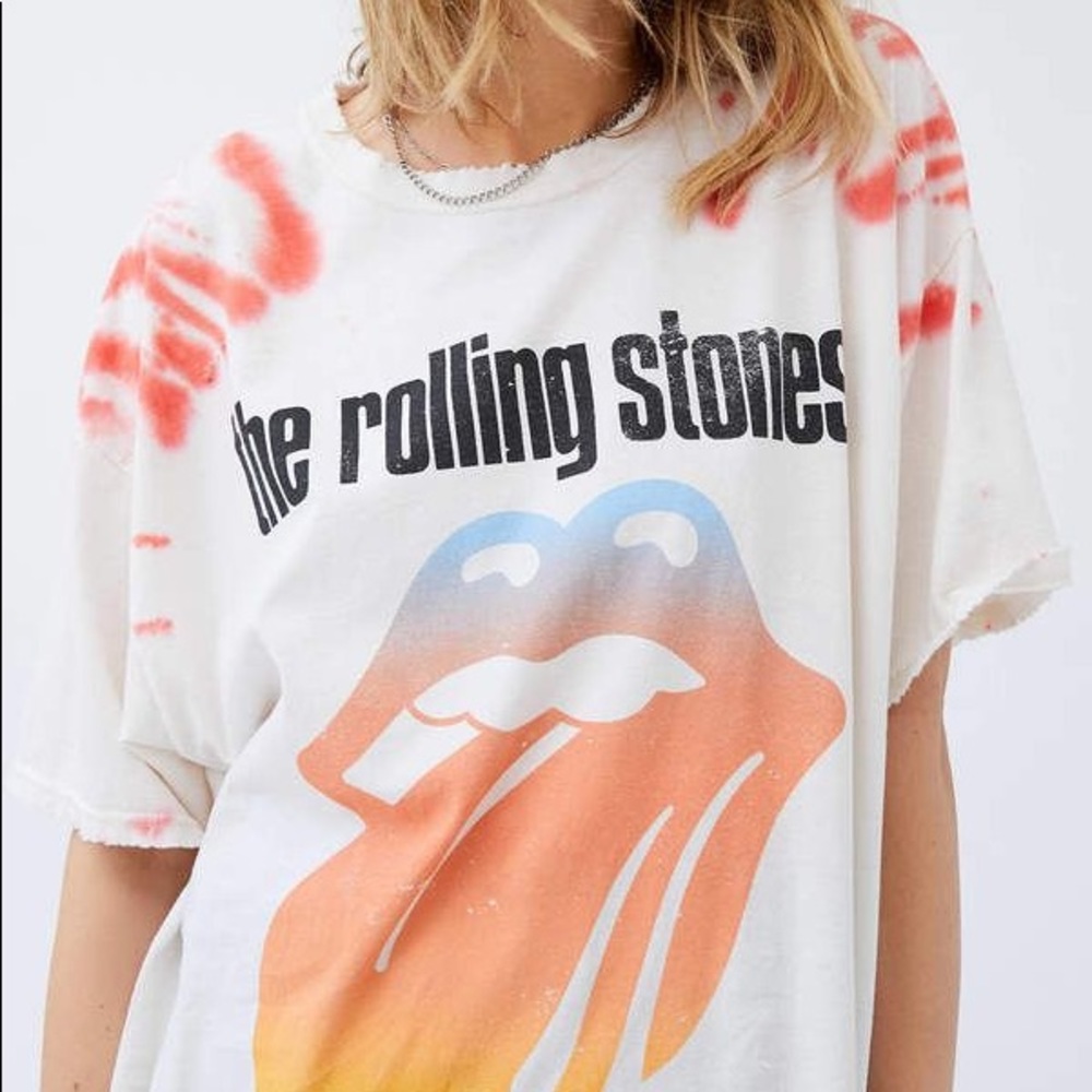 Urban Outfitters UO Distressed The Rolling Stones Tie Dye Graphic Band Tee Shirt